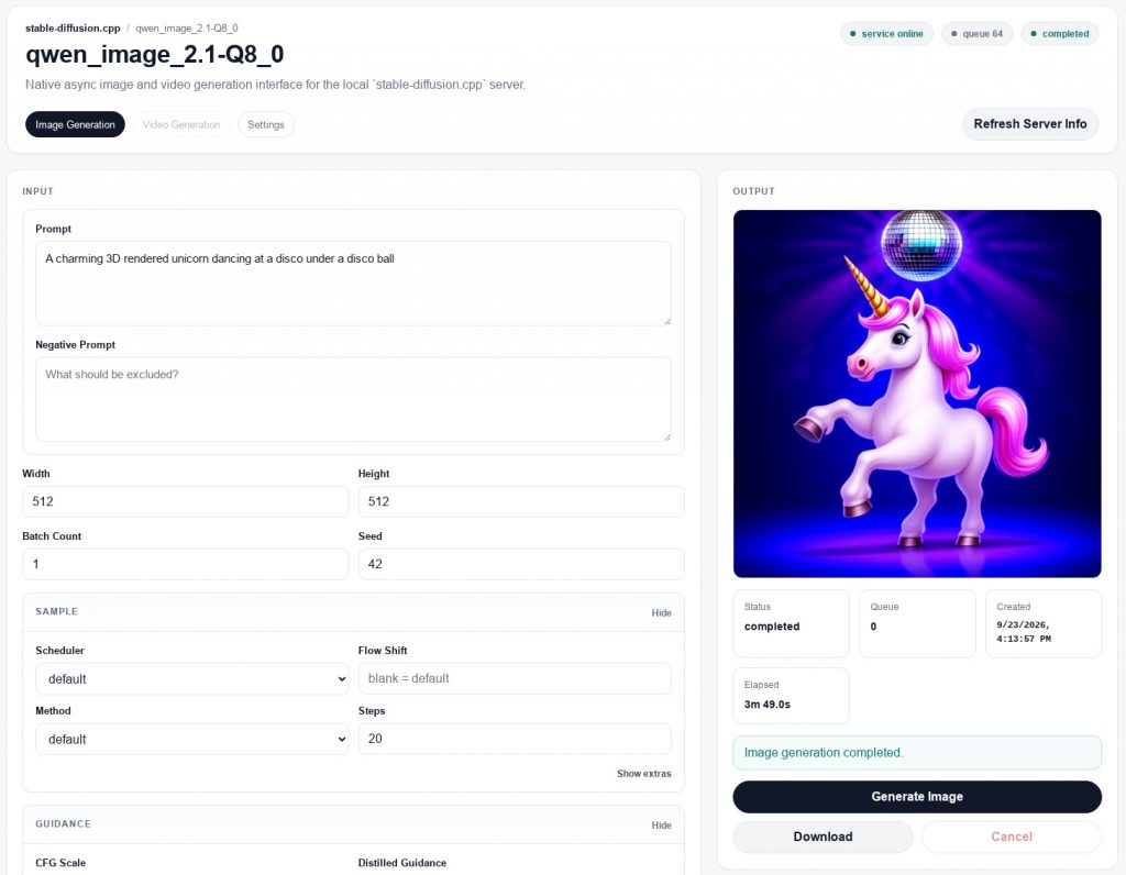 The stable-diffusion.cpp web interface generating a dancing unicorn with Qwen-Image 2.1