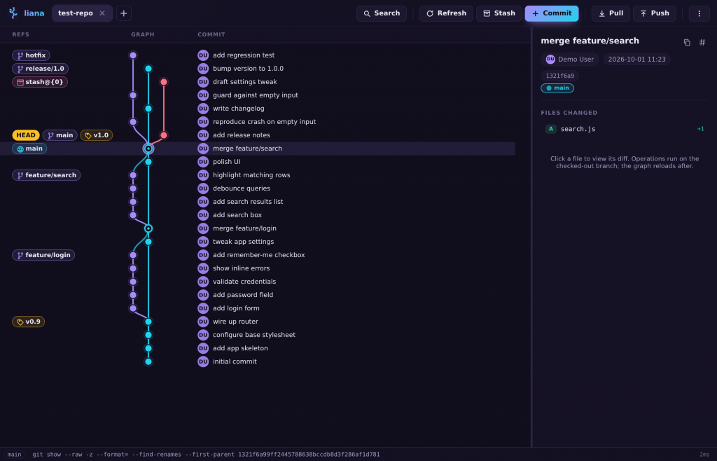 Liana: commit graph with branches, tags, and the merge commit detail pane